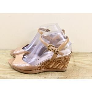Prada Sandals 39.5 Brown Patent Leather Nude Vernice Wedge Buckle Shoes Italy